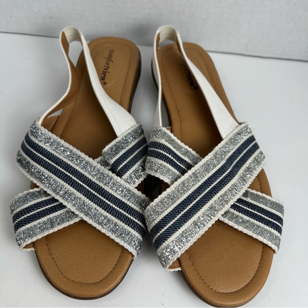 Comfortview Emma Sling BackCross Strap Blue Metallic Gold Womens Sandals Size:9w